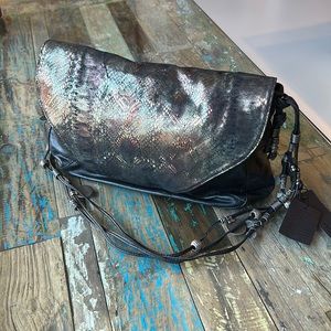 Tylie Malibu black leather/snakeskin gypsy caravan sultan coins chain crossbody.